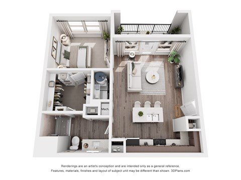 Floor plan for 1 bed, 1 bath, 715 sqft
